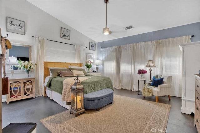 7575 Rancho Rd, Wrightwood, CA 92372 - bedroom with finished concrete floors, lofted ceiling, and ceiling fan