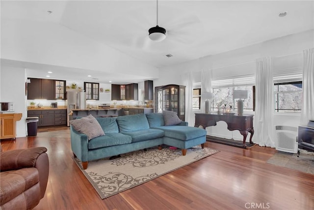 7575 Rancho Rd, Wrightwood, CA 92372 - living room with wood finished floors, lofted ceiling, and a ceiling fan