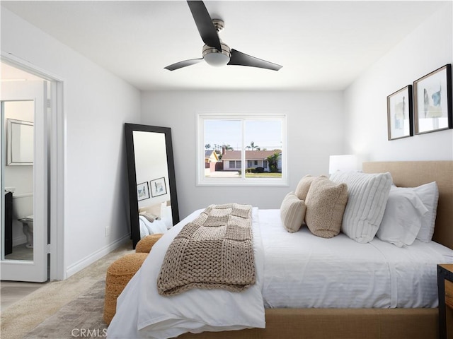 bedroom with carpet, baseboards, and a ceiling fan