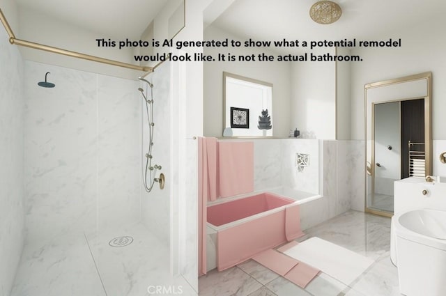 full bath with marble finish floor, a shower stall, and a bath