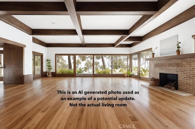 unfurnished living room featuring beam ceiling, a brick fireplace, wainscoting, wood finished floors, and coffered ceiling