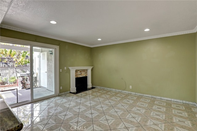 unfurnished living room with crown molding, light tile patterned floors, recessed lighting, a fireplace with raised hearth, and baseboards