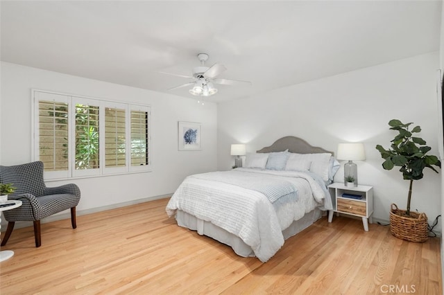 bedroom with ceiling fan and light wood-type flooring