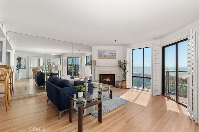 living room with light wood-style floors and a warm lit fireplace