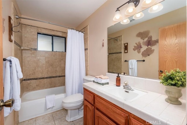 bathroom featuring toilet, tile patterned flooring, shower / bath combo, and vanity