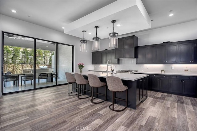 kitchen with light wood-style flooring, a sink, a kitchen breakfast bar, light countertops, and an island with sink