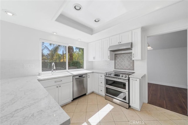 kitchen with light stone counters, under cabinet range hood, a sink, appliances with stainless steel finishes, and a tray ceiling