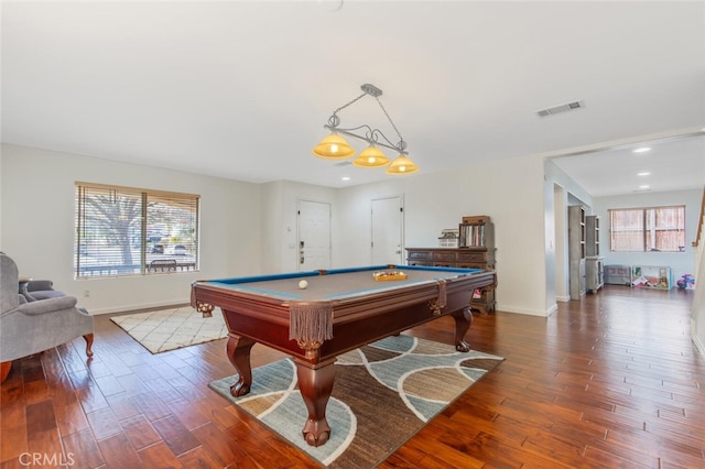 playroom featuring pool table, wood finished floors, visible vents, and baseboards