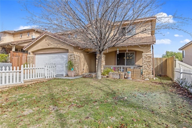 view of front facade featuring stone siding, an attached garage, fence, and stucco siding