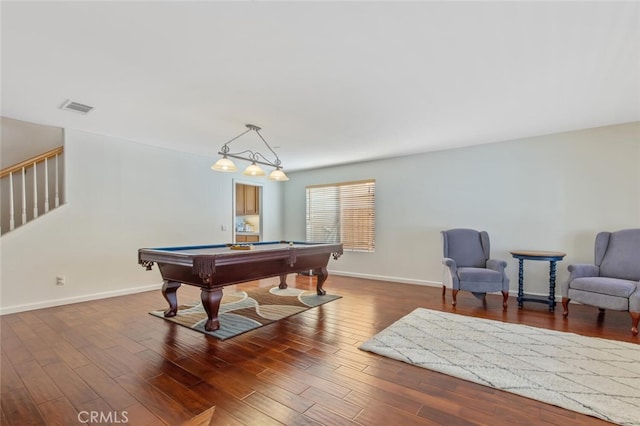 playroom featuring baseboards, billiards, visible vents, and wood finished floors