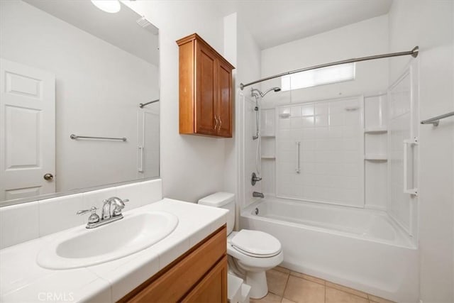 bathroom featuring bathing tub / shower combination, vanity, toilet, and tile patterned floors