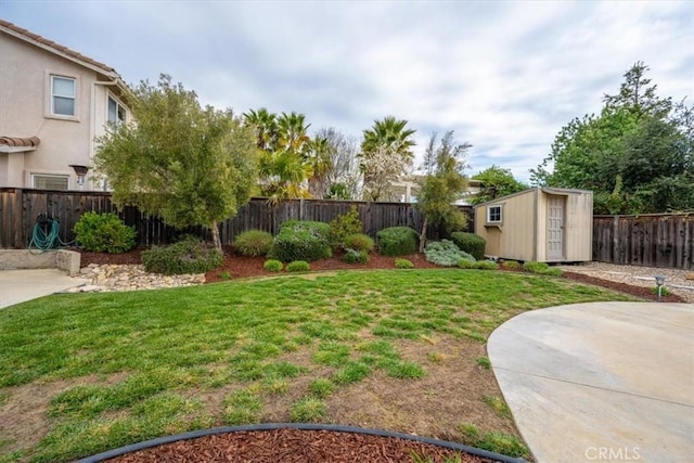 view of yard featuring a patio area, a storage shed, an outdoor structure, and a fenced backyard