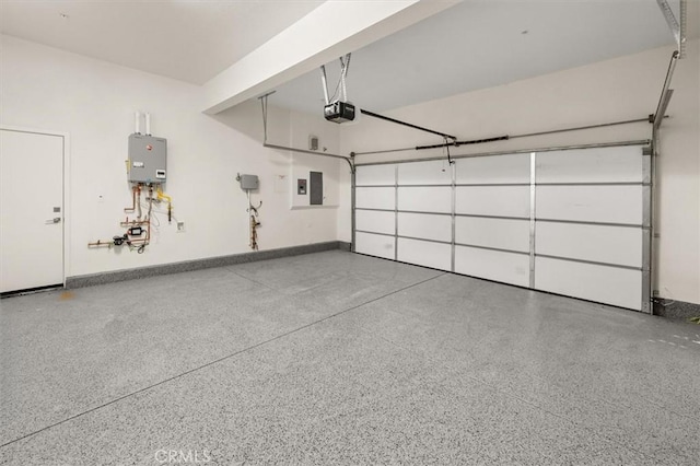 garage featuring a garage door opener, electric panel, water heater, and baseboards