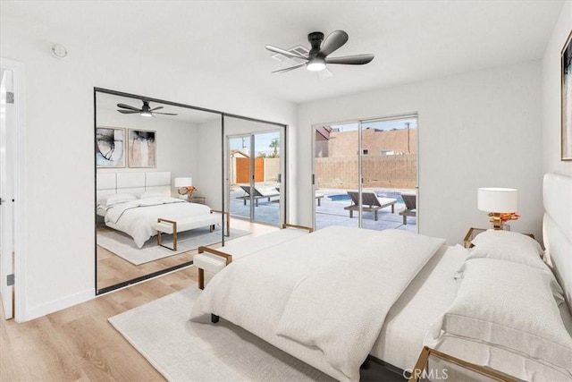 bedroom with light wood-type flooring, access to exterior, ceiling fan, and baseboards