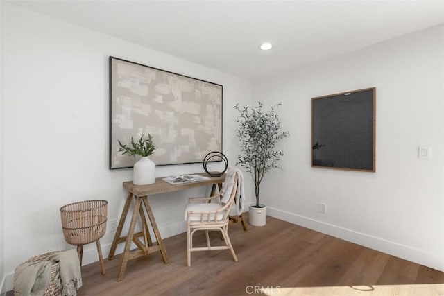 office area featuring recessed lighting, wood finished floors, and baseboards