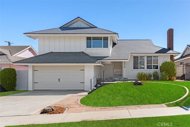 view of front of house featuring a garage, a shingled roof, fence, concrete driveway, and a front yard