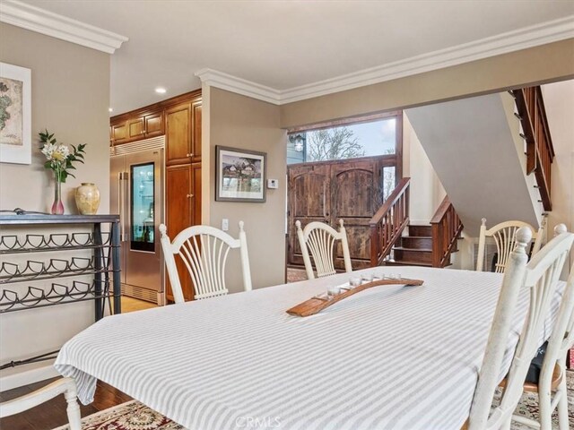 8160 Los Osos Rd, Atascadero, CA 93422 - dining room with recessed lighting, stairway, light wood-style flooring, and ornamental molding