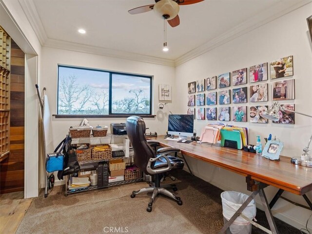8160 Los Osos Rd, Atascadero, CA 93422 - home office with recessed lighting, crown molding, and a ceiling fan