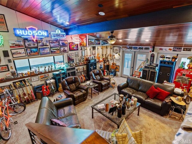 8160 Los Osos Rd, Atascadero, CA 93422 - carpeted living room featuring plenty of natural light, wooden ceiling, and ceiling fan
