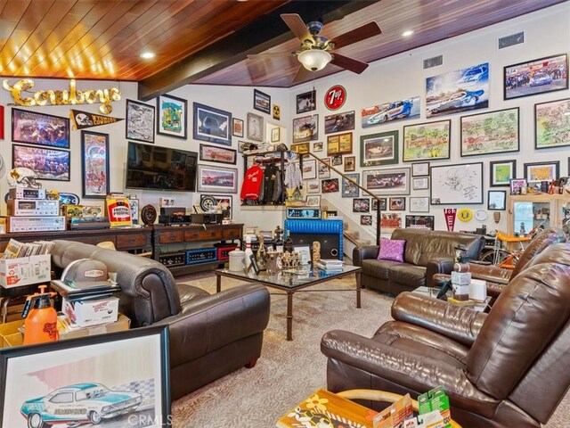 8160 Los Osos Rd, Atascadero, CA 93422 - interior space with lofted ceiling with beams, visible vents, a ceiling fan, wood ceiling, and carpet floors