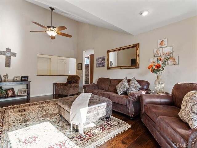 8160 Los Osos Rd, Atascadero, CA 93422 - living room featuring dark wood-type flooring, baseboards, a ceiling fan, and high vaulted ceiling