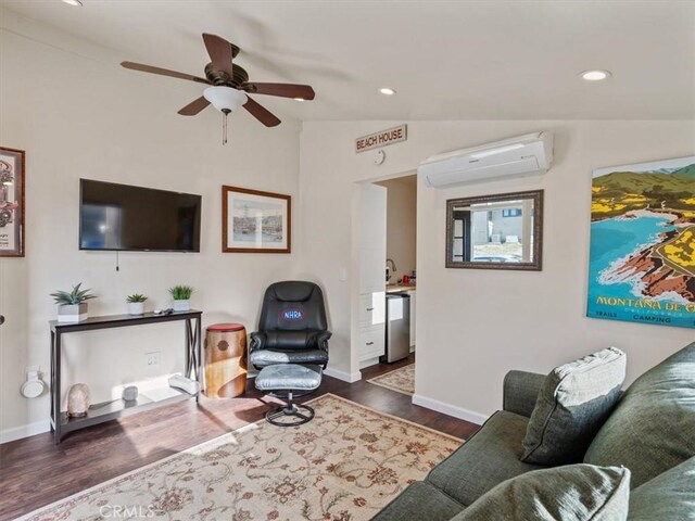 8160 Los Osos Rd, Atascadero, CA 93422 - living room featuring a wall unit AC, dark wood-style flooring, recessed lighting, lofted ceiling, and a ceiling fan