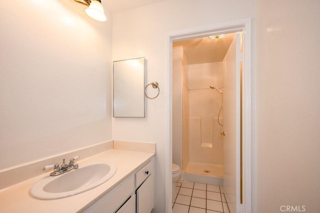 bathroom featuring vanity, a shower stall, toilet, and tile patterned floors