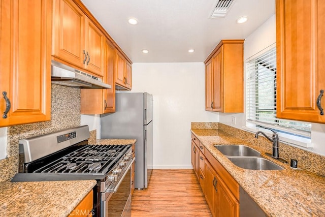 kitchen featuring stainless steel gas range oven, light wood-style flooring, under cabinet range hood, a sink, and tasteful backsplash