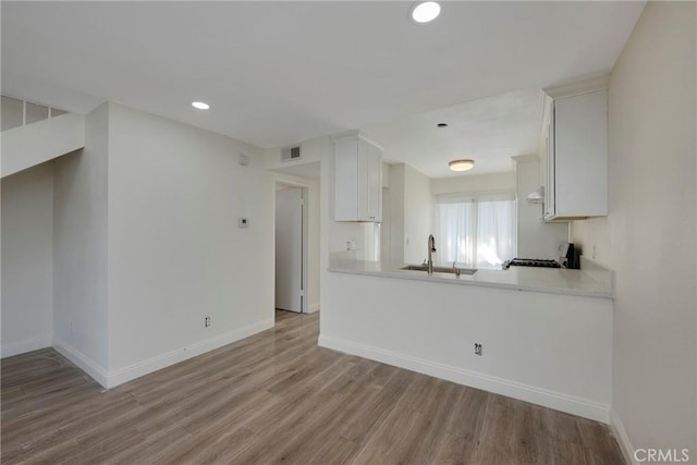 kitchen featuring wood finished floors, a sink, visible vents, and baseboards