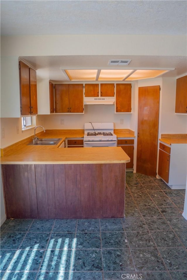 kitchen featuring visible vents, a sink, a peninsula, white range with gas stovetop, and under cabinet range hood