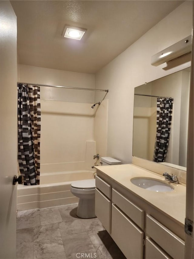 bathroom with toilet, shower / bath combination with curtain, and vanity