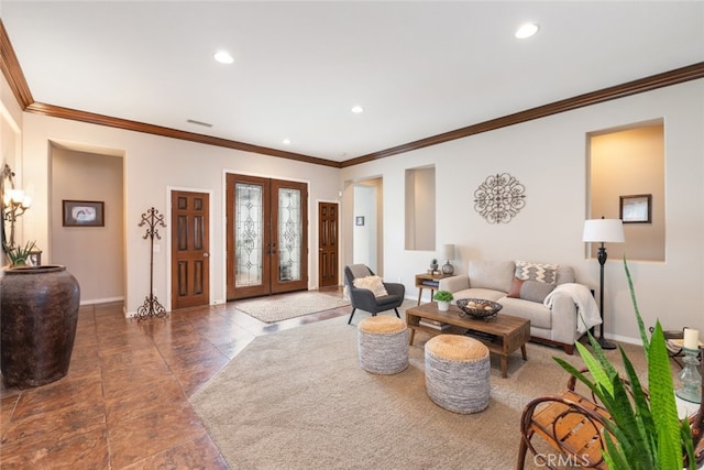 living room featuring ornamental molding, recessed lighting, french doors, and baseboards