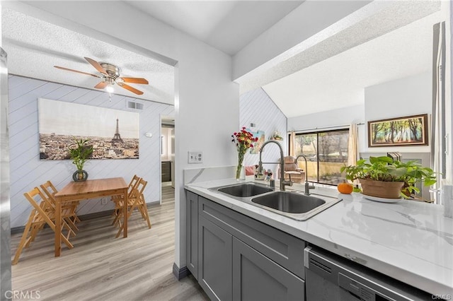 kitchen with gray cabinetry, a sink, visible vents, dishwasher, and light wood finished floors