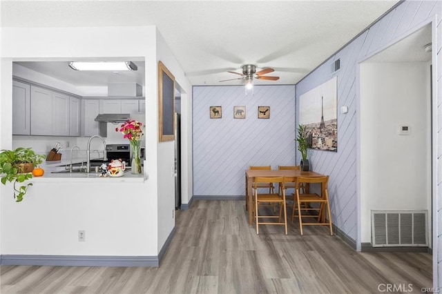 kitchen featuring gray cabinetry, under cabinet range hood, visible vents, and light wood-style floors