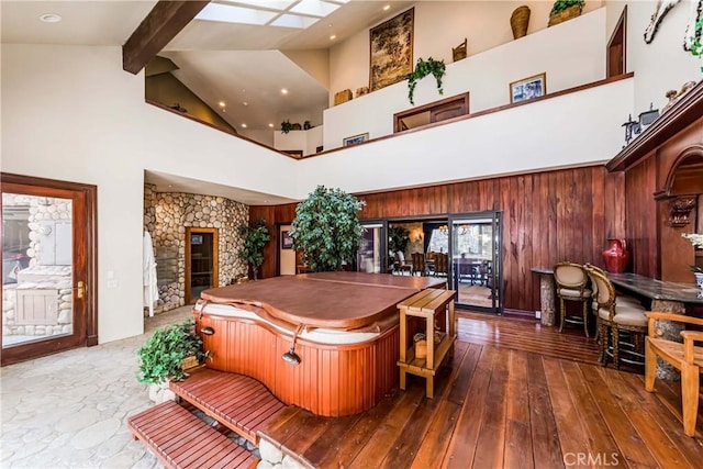 293 Fairway Dr, Lake Arrowhead, CA 92352 - rec room featuring hardwood / wood-style flooring, high vaulted ceiling, and beam ceiling