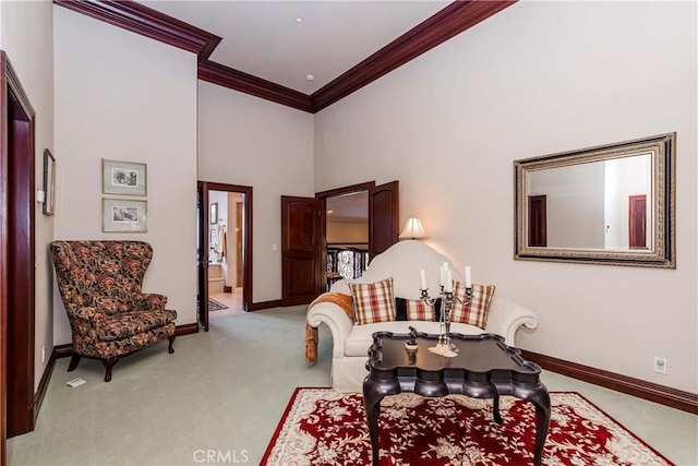 293 Fairway Dr, Lake Arrowhead, CA 92352 - living area featuring baseboards, carpet floors, ornamental molding, and a high ceiling