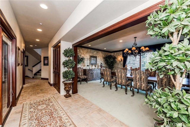 293 Fairway Dr, Lake Arrowhead, CA 92352 - interior space with stone finish floor, stairway, a notable chandelier, and recessed lighting