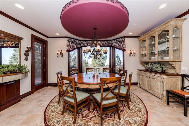 293 Fairway Dr, Lake Arrowhead, CA 92352 - dining area featuring an inviting chandelier, crown molding, and baseboards
