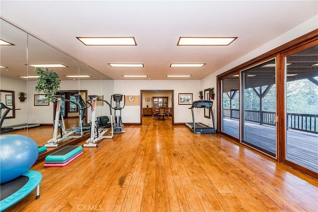 293 Fairway Dr, Lake Arrowhead, CA 92352 - exercise room with baseboards and light wood finished floors