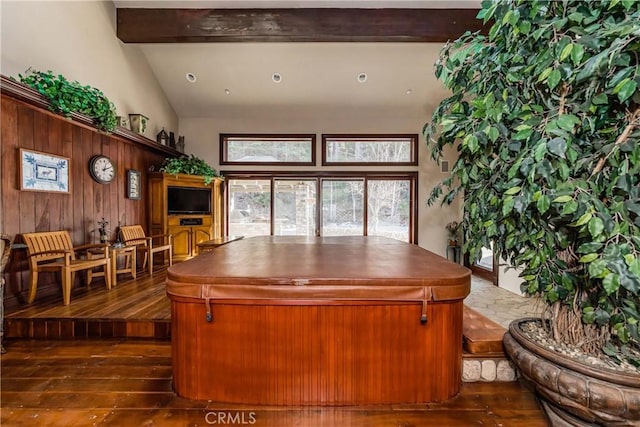 293 Fairway Dr, Lake Arrowhead, CA 92352 - office space with dark wood-style flooring, high vaulted ceiling, and beamed ceiling