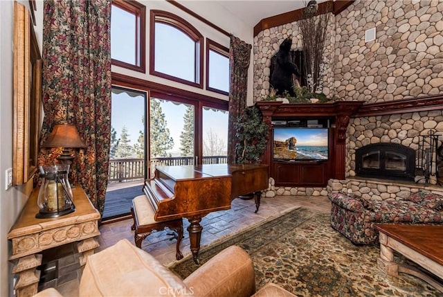 293 Fairway Dr, Lake Arrowhead, CA 92352 - living room featuring a high ceiling and a fireplace
