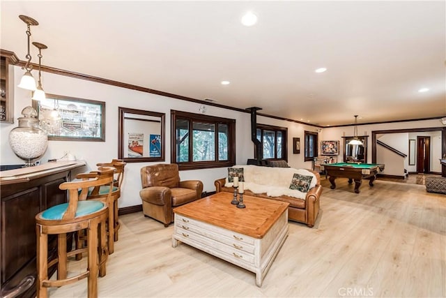 293 Fairway Dr, Lake Arrowhead, CA 92352 - living room featuring pool table, light wood-style floors, and crown molding