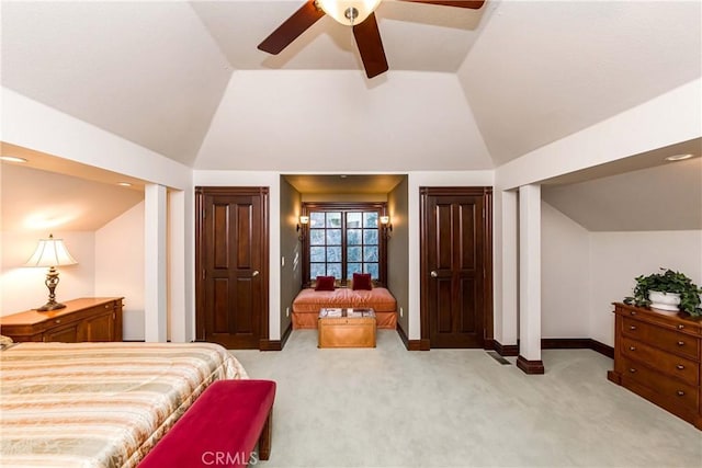 293 Fairway Dr, Lake Arrowhead, CA 92352 - bedroom with baseboards, ceiling fan, vaulted ceiling, and light colored carpet