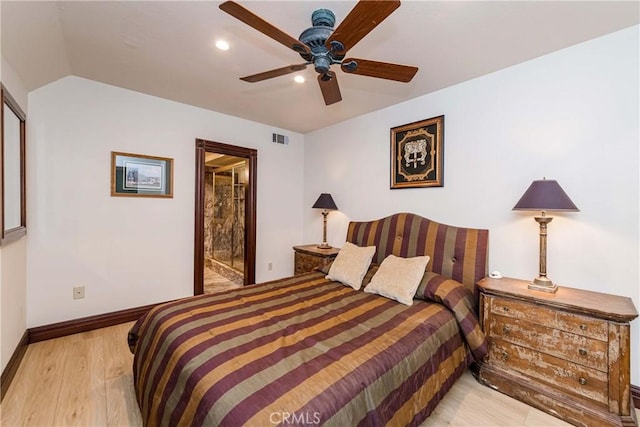 293 Fairway Dr, Lake Arrowhead, CA 92352 - bedroom with lofted ceiling, baseboards, light wood finished floors, ceiling fan, and visible vents