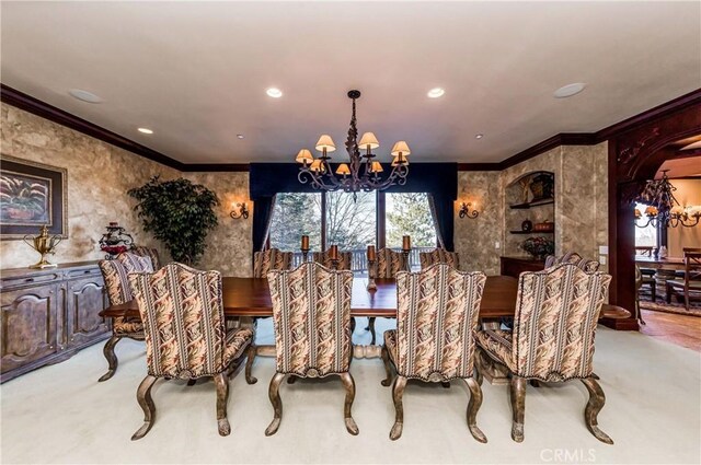 293 Fairway Dr, Lake Arrowhead, CA 92352 - carpeted dining space with an inviting chandelier, recessed lighting, and crown molding