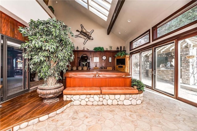 293 Fairway Dr, Lake Arrowhead, CA 92352 - bathroom featuring plenty of natural light, beamed ceiling, high vaulted ceiling, and wood finished floors