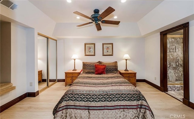 293 Fairway Dr, Lake Arrowhead, CA 92352 - bedroom featuring recessed lighting, light wood-type flooring, baseboards, ceiling fan, and visible vents