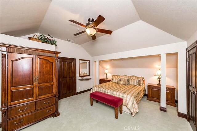 293 Fairway Dr, Lake Arrowhead, CA 92352 - bedroom with baseboards, lofted ceiling, visible vents, and light carpet