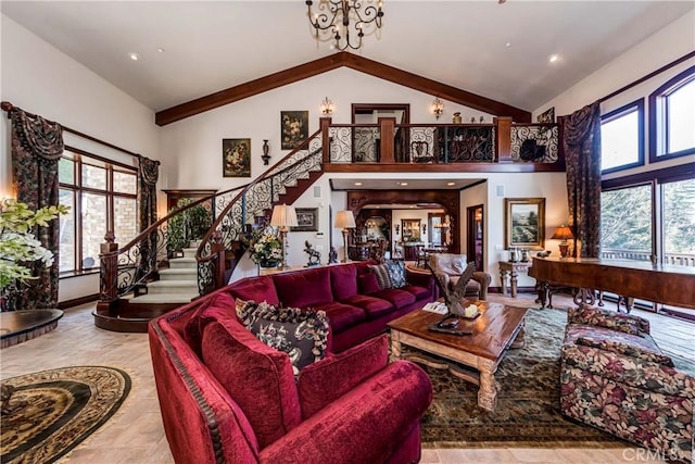293 Fairway Dr, Lake Arrowhead, CA 92352 - living room with an inviting chandelier, high vaulted ceiling, and stairway