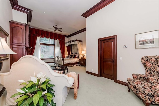 293 Fairway Dr, Lake Arrowhead, CA 92352 - bedroom featuring light carpet, baseboards, crown molding, and ceiling fan
